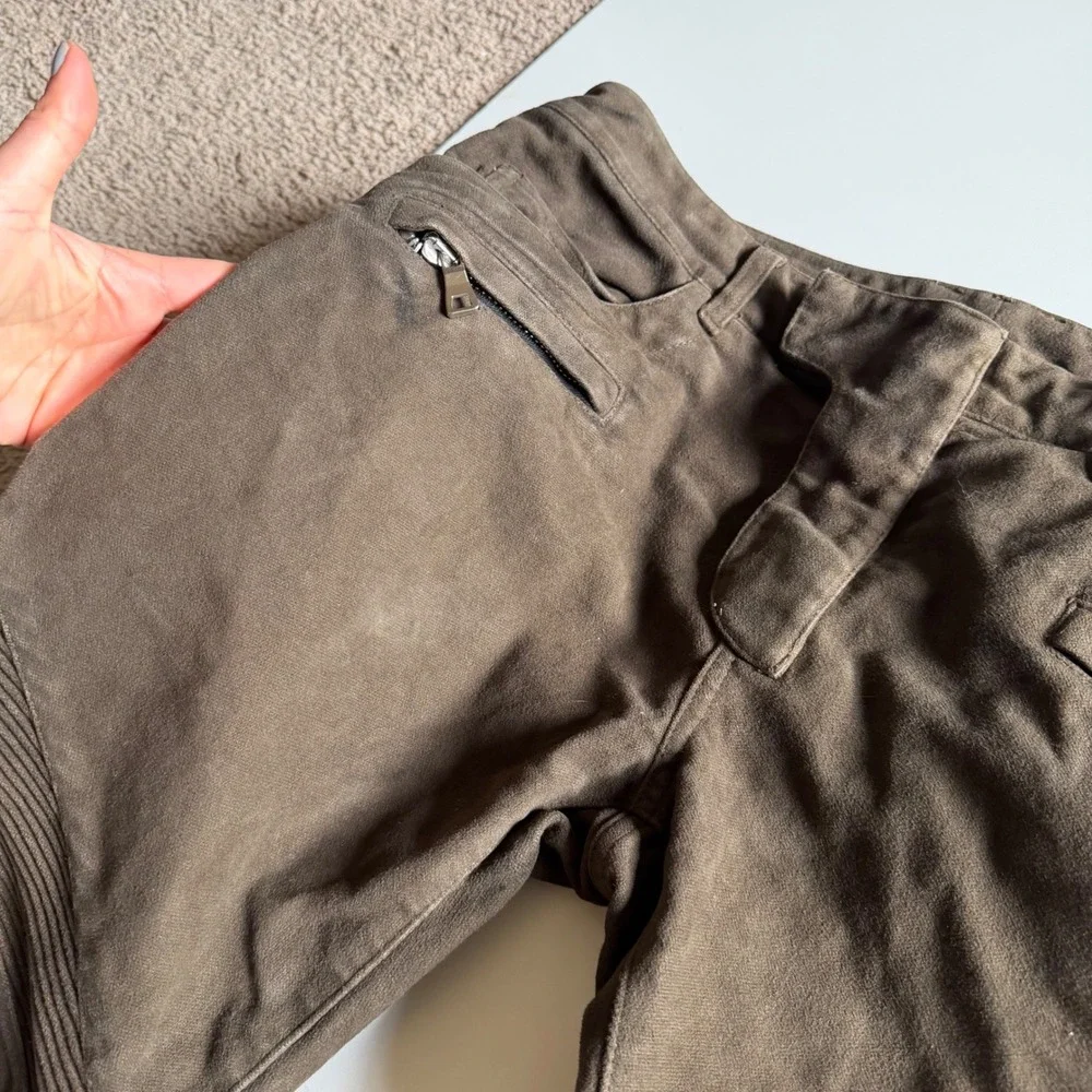 BALMAIN Biker Pants Green Brown Moto Suede Ribbed Knee Men's Size 34 Distressed